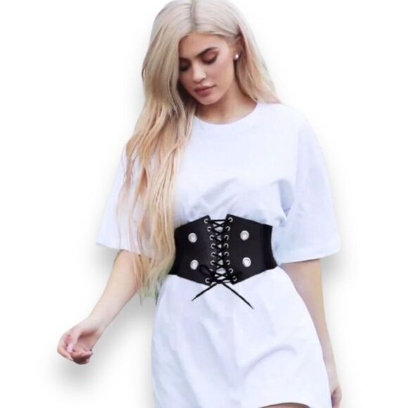 Black Silver Accent Lace Up Front Wide Corset  Belt NEW - Picture 4 of 4